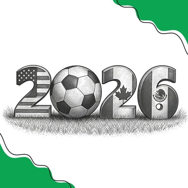 2026 FIFA World Cup logo featuring USA, Canada, and Mexico flags.