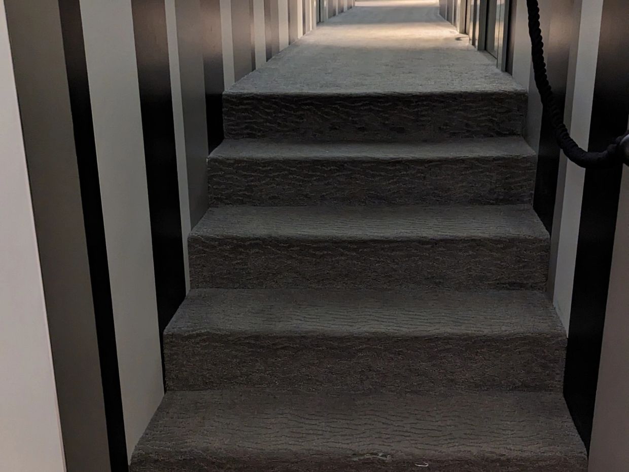 Carpeted stairs in a dimly lit narrow corridor with black and white walls.