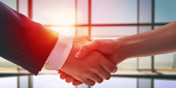 Two people shaking hands in a business setting with sunlight.