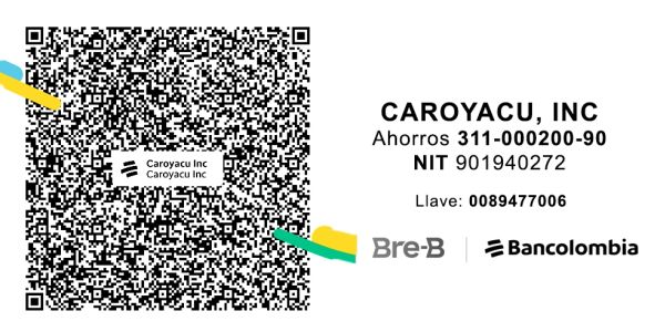QR code for Caroyacu Inc with Bancolombia payment details.