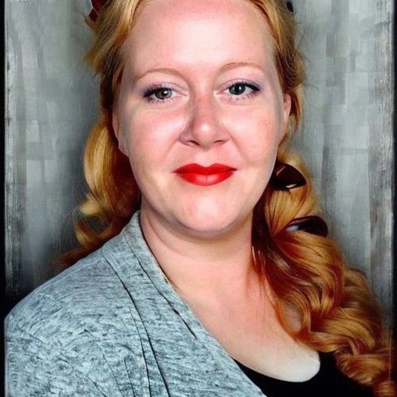 Smiling woman with red lipstick and curled red hair.