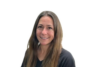 Smiling woman with long brown hair wearing a black top.