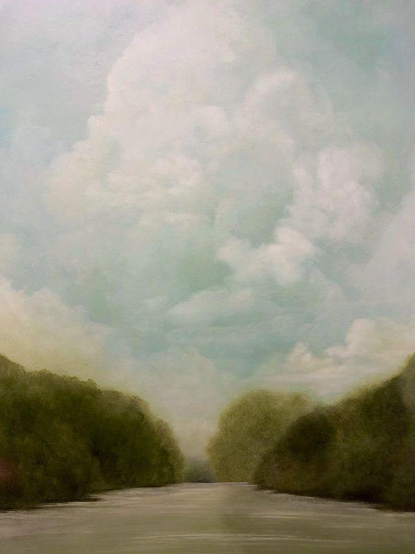 A tranquil river flanked by dense green trees under a vast cloudy sky. Fine art oil landscape