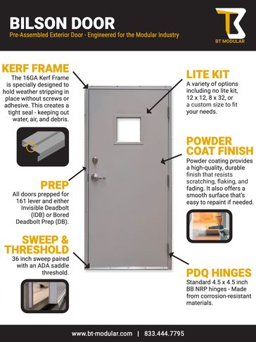 BT Modular Bilson door info sheet for quick facts and specifications on our hollow metal door.