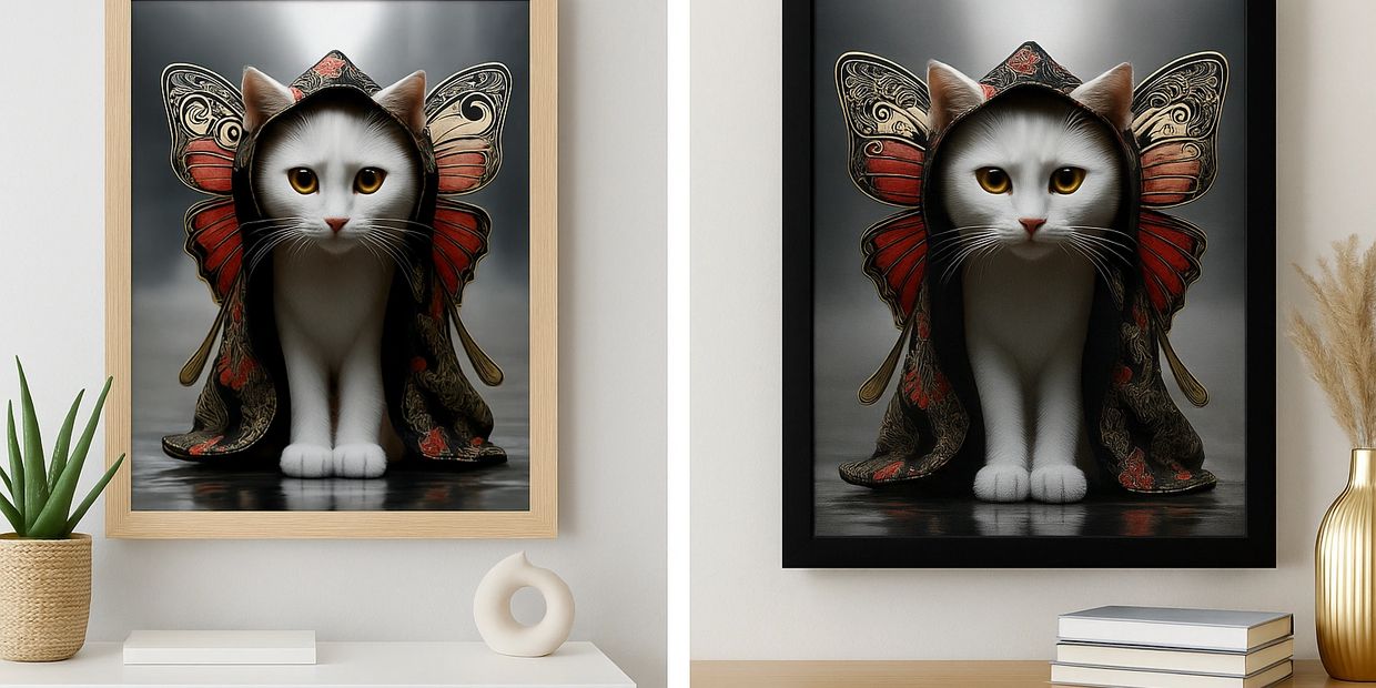 Digital cat art featuring a white cat wearing butterfly wings and a hoodie