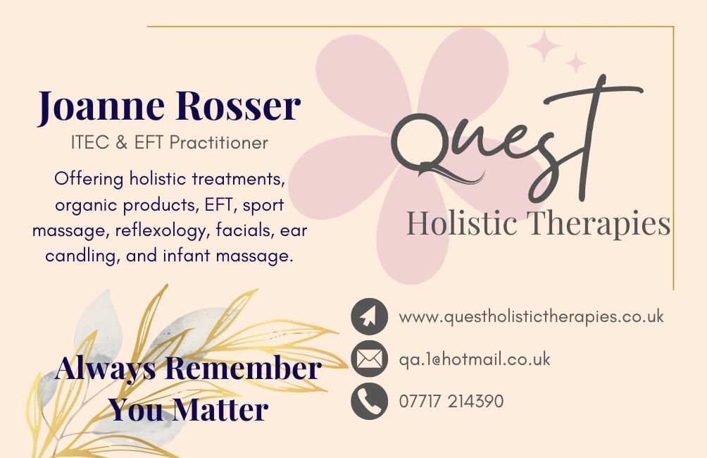 Quest Holistic Therapies Business card with contact information and social media platforms logo 