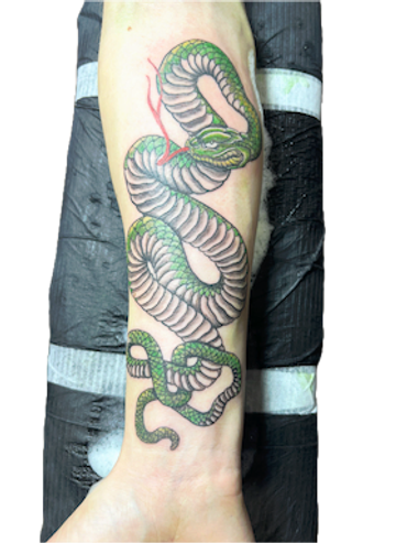 Green snake tattoo coiled on forearm with intricate scales and red accents.
