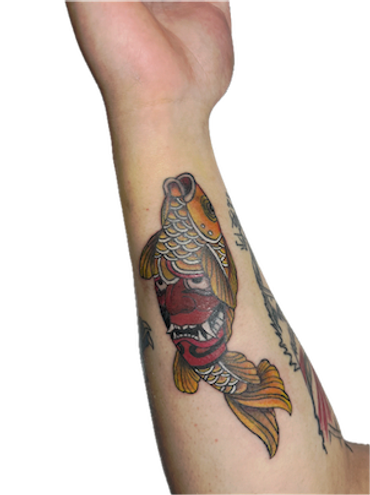 Colorful koi fish tattoo on forearm with detailed scales and fins.