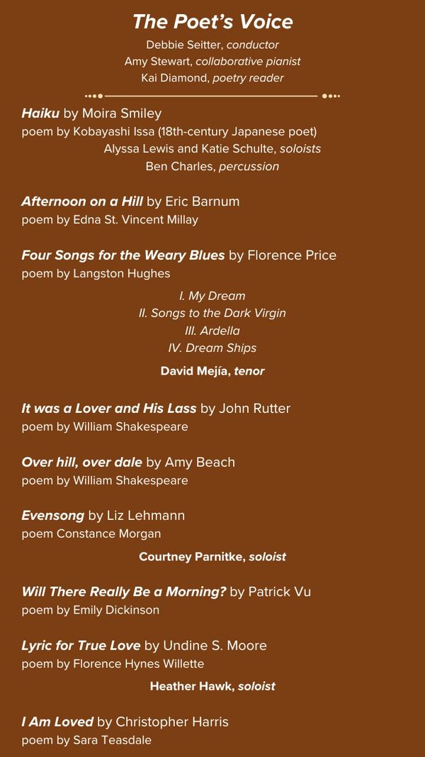 Program listing for The Poet's Voice featuring poems and music by various artists.