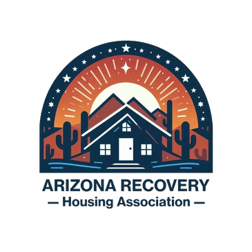 Logo of Arizona Recovery Housing Association with a house, mountains, and cacti.