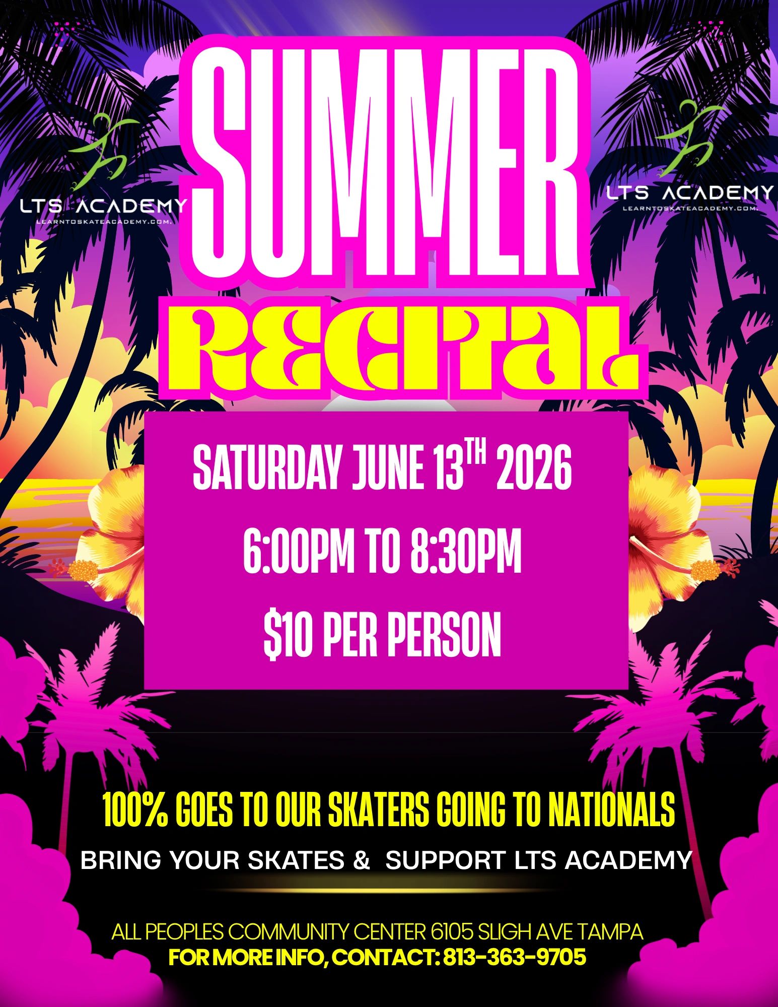 Bright poster for LTS Academy's Summer Recital skate event on June 13, 2026, in Tampa.