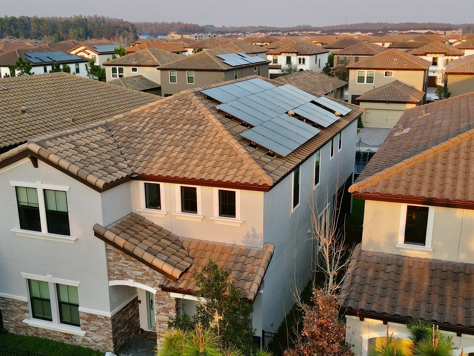 Solar panels installed on a Florida home in a residential neighborhood.