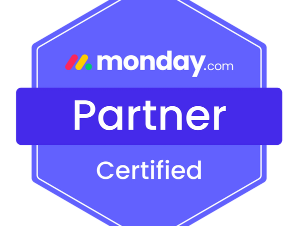 Monday.com Partner Certified badge in blue hexagonal shape.