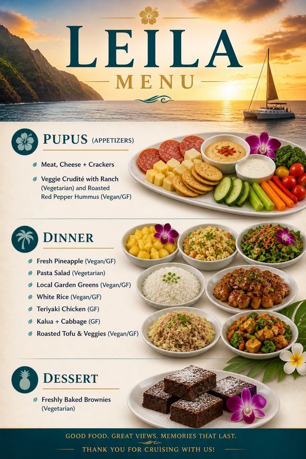 Leila menu featuring appetizers, dinner, and dessert with vegan, vegetarian, and gluten-free options.