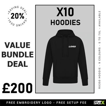 Bundle deal: 10 black hoodies with logo for £200, 20% off.