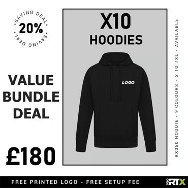 Bundle deal for 10 black hoodies with logo, £180 with 20% saving.