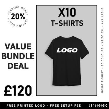 Value bundle deal of 10 black T-shirts with logo, 20% off at £120.