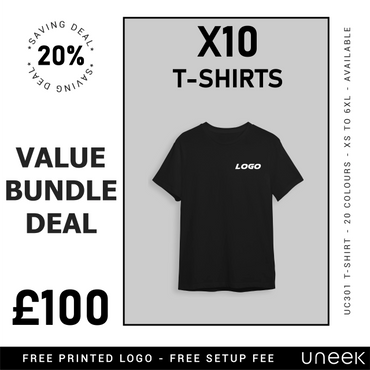 Value bundle deal: 10 black T-shirts with printed logo for £100, 20% saving.