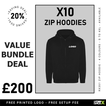 Bundle deal: 10 zip hoodies for £200 with free logo printing.