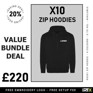 Bundle deal for 10 zip hoodies at £220 with 20% saving and free logo embroidery.