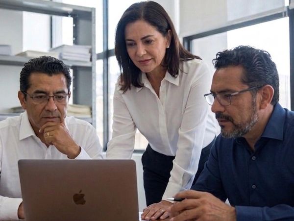 Three professionals collaborating over a laptop in an office.