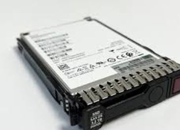 A server hard drive with a black casing and labels.