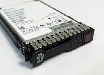 A server hard drive with a black casing and labels.