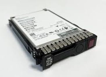 A server hard drive with a black casing and labels.
