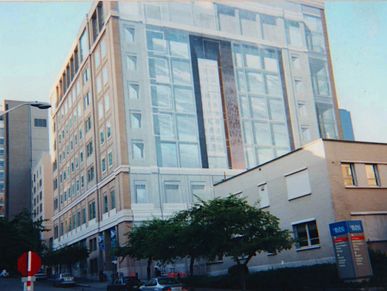 The north face of Seattle's Virginia Mason Hospital, depicts a 7 story mural of bricks and windows.