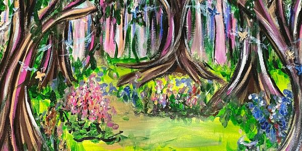 Painting of trees with a small open field. Fairies and butterflies flying around enchanted forest. 