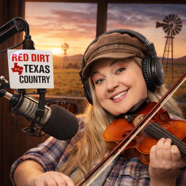 Smiling woman plays violin on Red Dirt Texas Country radio show.