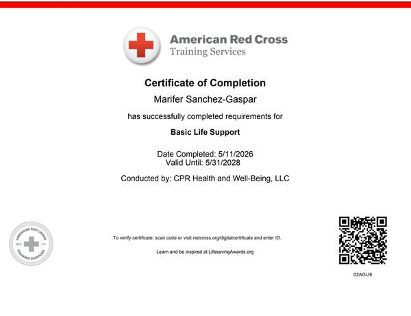 Certificate of Completion from American Red Cross for Basic Life Support.