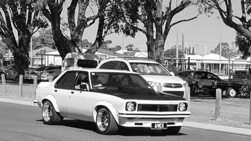 Classic white car parked by the roadside under large trees.