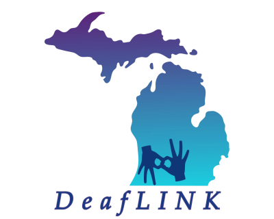 Logo of DeafLINK with Michigan state and hand signs.