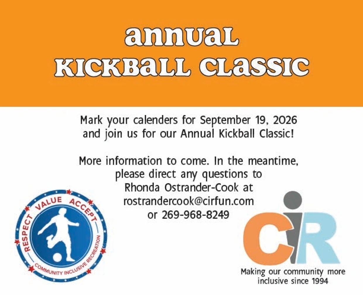Annual Kickball Classic scheduled for September 19, 2026.