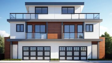 Modern townhouse with large windows and garages.