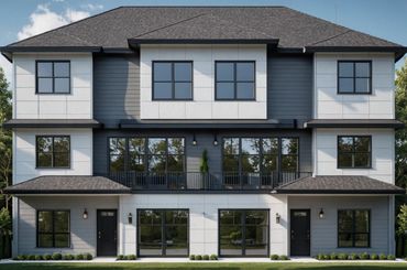Modern two-story duplex with gray and white exterior.