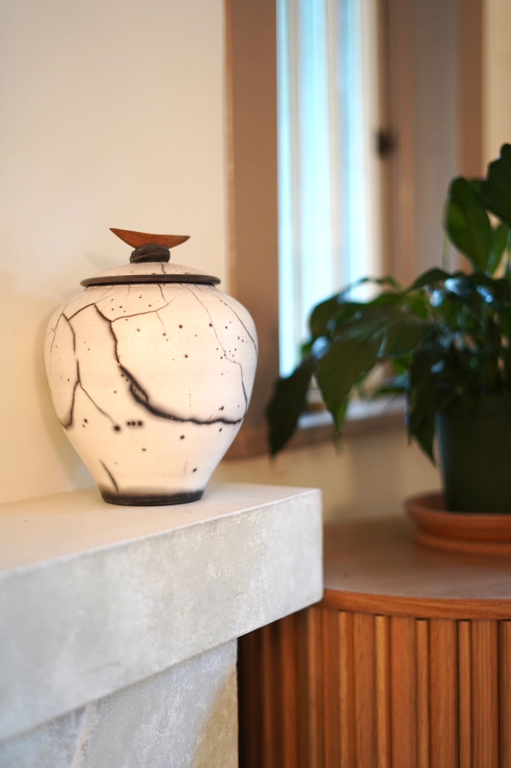 Decorative vase on a mantelpiece beside a green plant.
