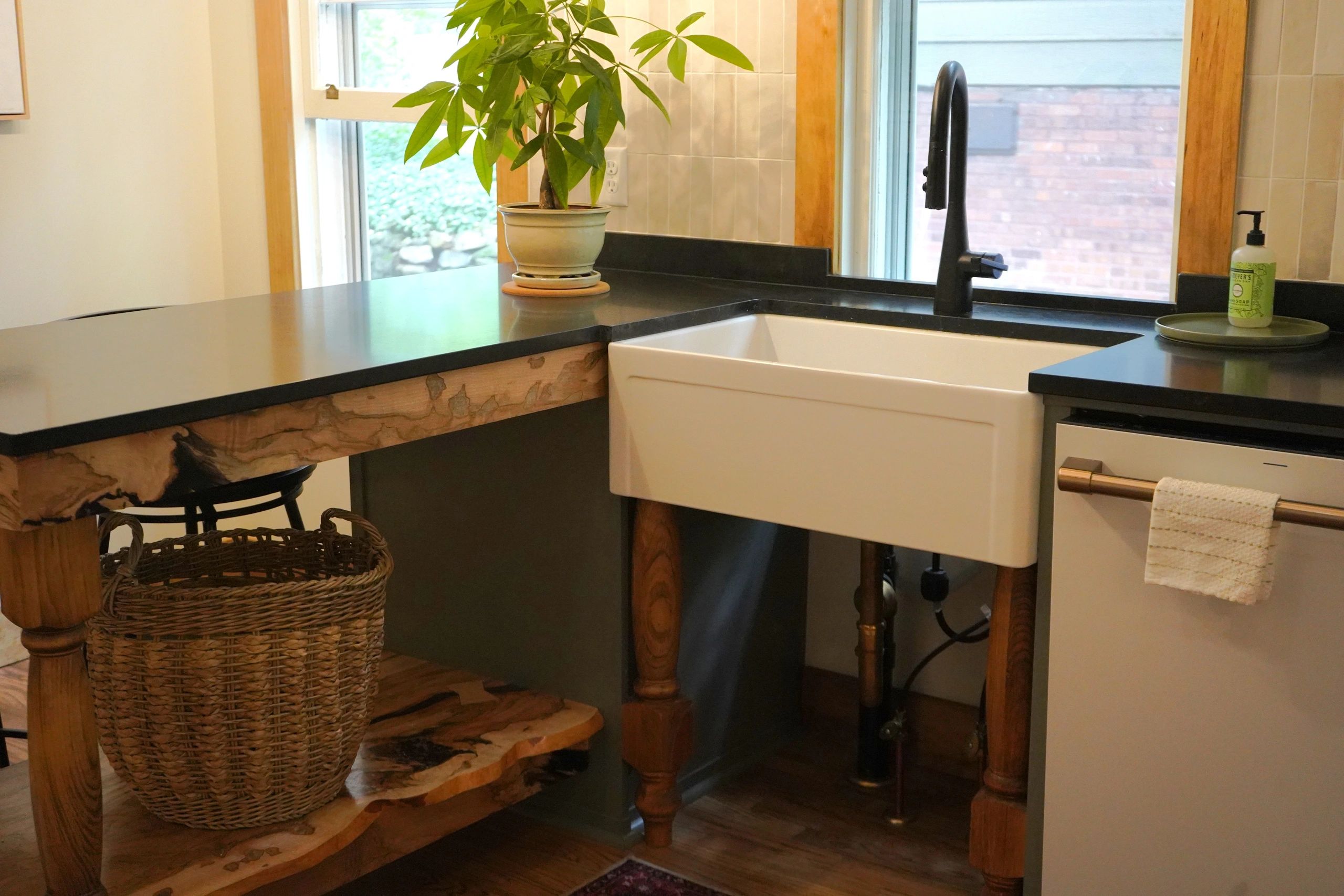 Rustic kitchen corner with farmhouse sink and plant.