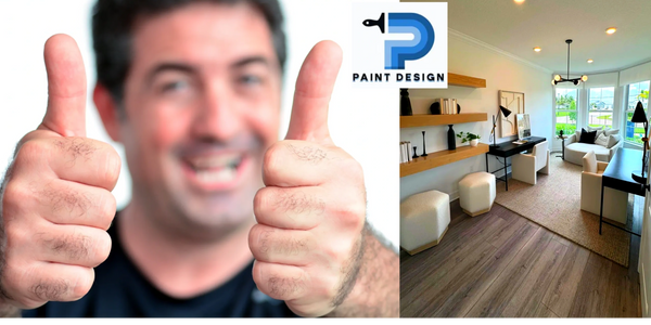 Smiling man showing thumbs up with a modern living room and Paint Design logo.