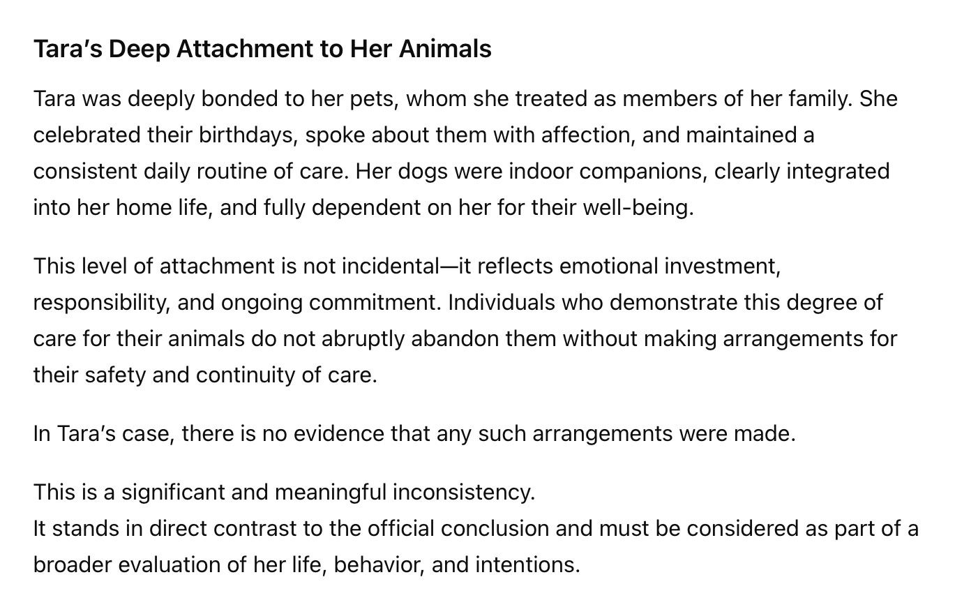 Text about Tara's strong emotional attachment to her pets and inconsistencies in care arrangements.
