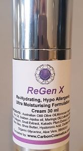 ReGen X moisturizing cream in a 30 ml container with a silver lid.