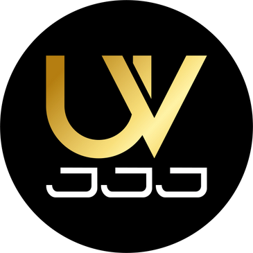 A golden stylized 'UV' logo with white stylized text below on a black background.
