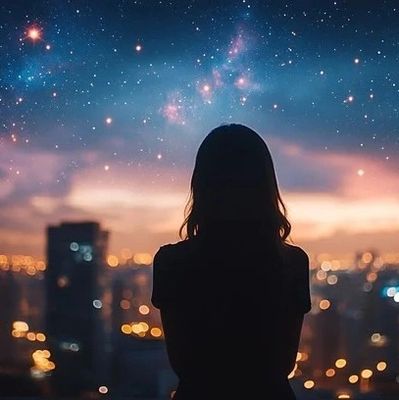 Silhouette of a person gazing at a city skyline under a starry night sky.