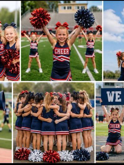 Young cheerleaders performing with pom-poms on a football field.
