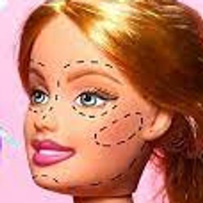 Barbie doll face with dotted lines for plastic surgery.