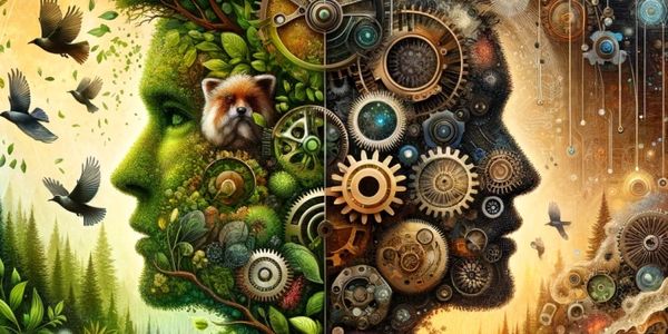 Two faces made of nature and mechanical gears symbolizing harmony and contrast.