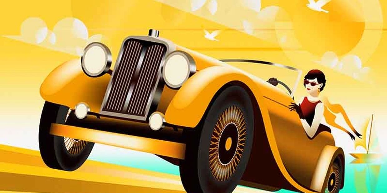 Stylized illustration of a woman driving a vintage yellow car under a sunny sky.