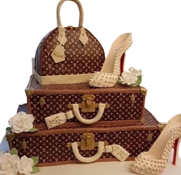 Large stack of suitcases and bag cakes with handmade shoes