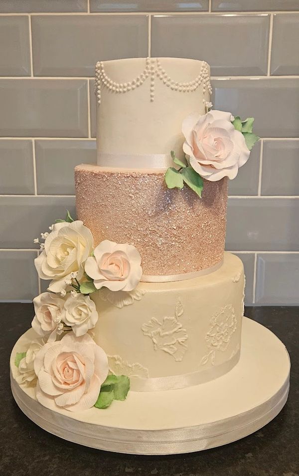 Elegant 3 tier Wedding Cake with glitter, handmade flowers and piping detail